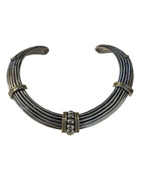 Vintage Multi Strand Silver Tone Collar Necklace Gold Tone Accents Heavy Stateme